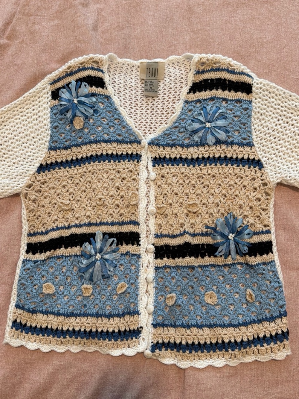 Teddi Blue and Cream Crochet Button-Front Cardigan